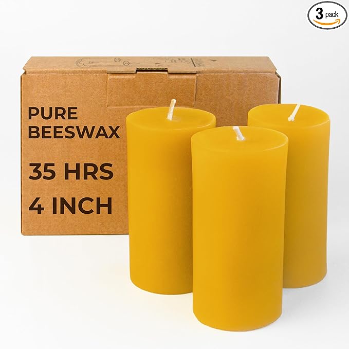 CANDWAX Pure Beeswax Pillar Candles 1.8x4 inch Set of 3-34.5 Hours Burning Handmade Yellow Candles - Smokeless Pure Bees Wax Candle Home Décor