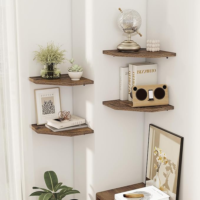 Corner Shelves 2-Pack for Bathroom & Kitchen, Space-Saving Floating Corner Wall Shelf with Easy Installation- Brown
