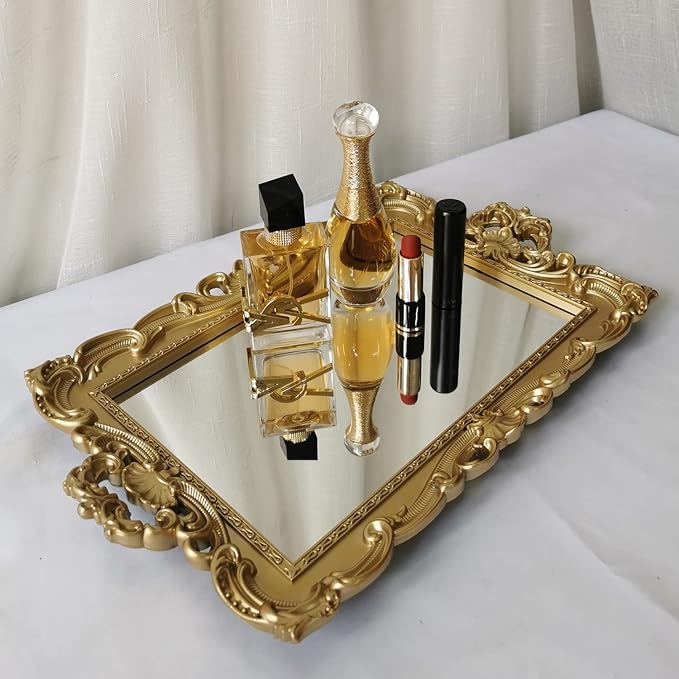 Shell Rectangle Decorative Mirror Tray, French Style, Makeup Organizer, Jewelry Organizer, Serving Tray, 9.3"x 14.9", Gold