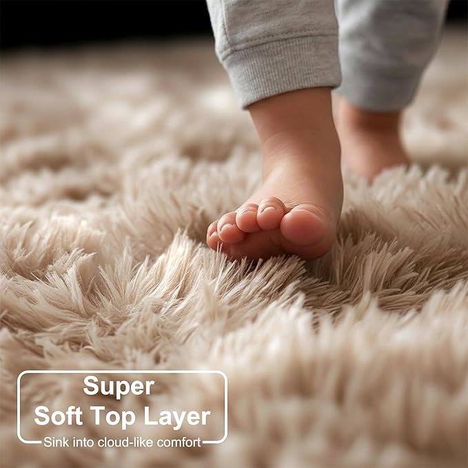 Amdrebio Tie-Dyed Beige Tan Rugs for Bedroom Living Room, Cute Fluffy Plush Neutral Area Rug 4x6 for Kids Room Decor Aesthetic, Soft Furry Fuzzy Shaggy Carpet for Baby Nursery Playroom Preppy Dorm