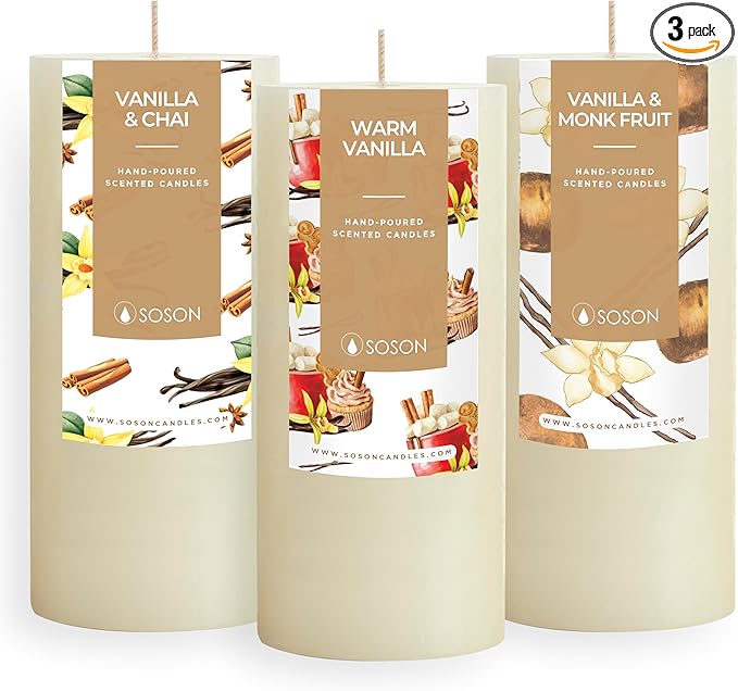 Simply Soson Cinnamon Vanilla Sugar Scented Candle Set - 3x6 Ivory Pillar Candles for Home, Aromatherapy, Women, Fall