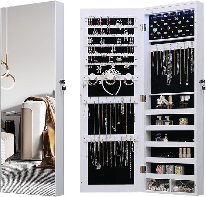 LED Jewelry Cabinet Armoire Organizer,Wall/Door Mount Jewelry Organizer and Storage with Full-Length Mirror Hanging Jewelry Organizer Full Length Mirror with Storage Large Capacity White