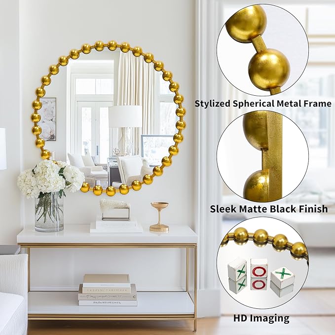 Round Gold Mirror 28'', Spherical Frame Round Mirror for Living Room, Beaded Mirror for Bathroom, Dining Roon, Bed Room, Entryway