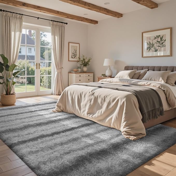 4x6 Feet Area Rugs for Bedroom,Grey and White Plush Fluffy Shaggy Living Room Rugs Non-Slip, Ultra Soft Carpet for Nursery Kids PlayRoom Dorm Office Indoor