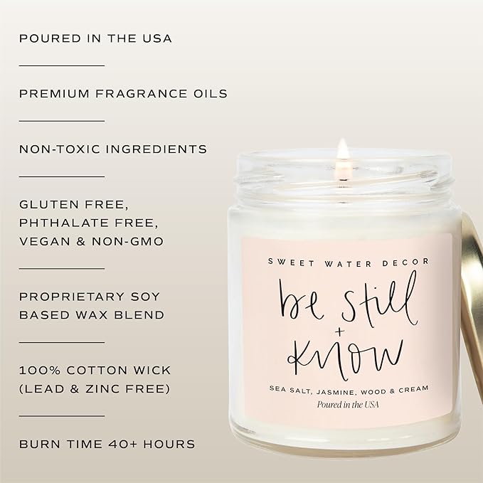 Sweet Water Decor, Be Still and Know, Sea Salt, Jasmine, Cream, and Wood Scented Soy Wax Candle for Home - Christian Candle Gifts for Women - 9oz Clear Jar, 40 Hour Burn Time, Made in the USA