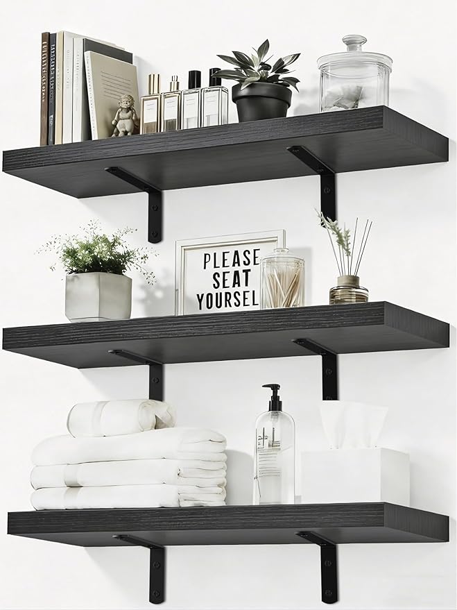 Easy Install Floating Shelves, 15.7 Inch Wall Mounted Wood Shelf,Hanging Shelf for Home Decor, Books and Storage, Small Organizer for Bedroom, Bathroom, Kitchen, Set of 3, Black