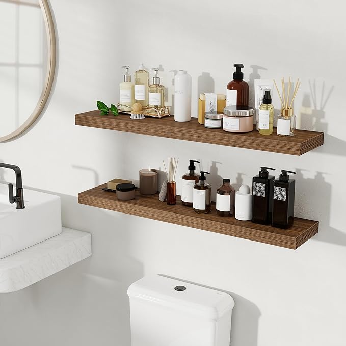 Fun Memories Rustic Wood Floating Shelves for Wall, Space-Saving Wall Mounted Shelves for Bathroom, Bedroom, Living Room and Kitchen, Stylish Storage & Display (Set of 2, Walnut, 36 in)