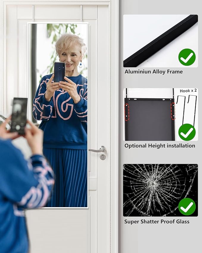 DMWOODFL 48"x14" Over-The-Door Full Length Mirror - No Drill Hanging with Metal Hooks, Shatterproof Glass & Aluminum Frame for Bathroom, Bedroom, Entryway Decor（Silver White）