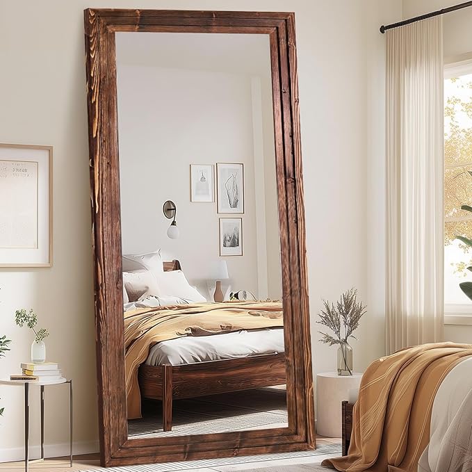 Full Length Wood Mirror 76x34 - Rustic Solid Wood Floor Mirror with Triple Layer Frame, HD Tempered Glass, Wall Mounted or Leaning Standing Mirror Vintage Brown Mirror for Bedroom Bathroom Living Room