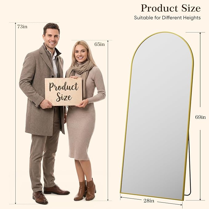 69"x28" Arched Full Length Mirror with Stand, Free Standing Leaning Wall Mounted Aluminum Alloy Frame Mirror for Bedroom Living Room Cloakroom, Gold