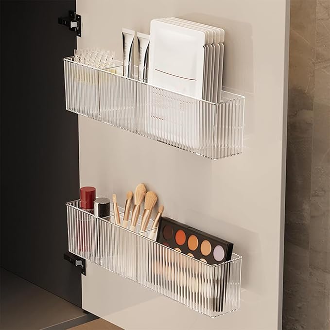 2 Pack Bathroom Wall Makeup Organizer Clear Bathroom Organizers and Storage with 3 Compartments Plastic Storage Organizer Bins Floating Shelves for Wall, Narrow Space, Office, Bedroom 14''Length
