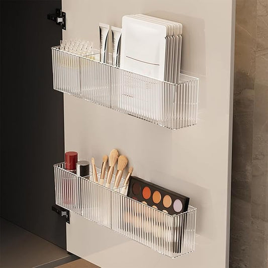 2 Pack Bathroom Wall Makeup Organizer Clear Bathroom Organizers and Storage with 3 Compartments Plastic Storage Organizer Bins Floating Shelves for Wall, Narrow Space, Office, Bedroom 14''Length