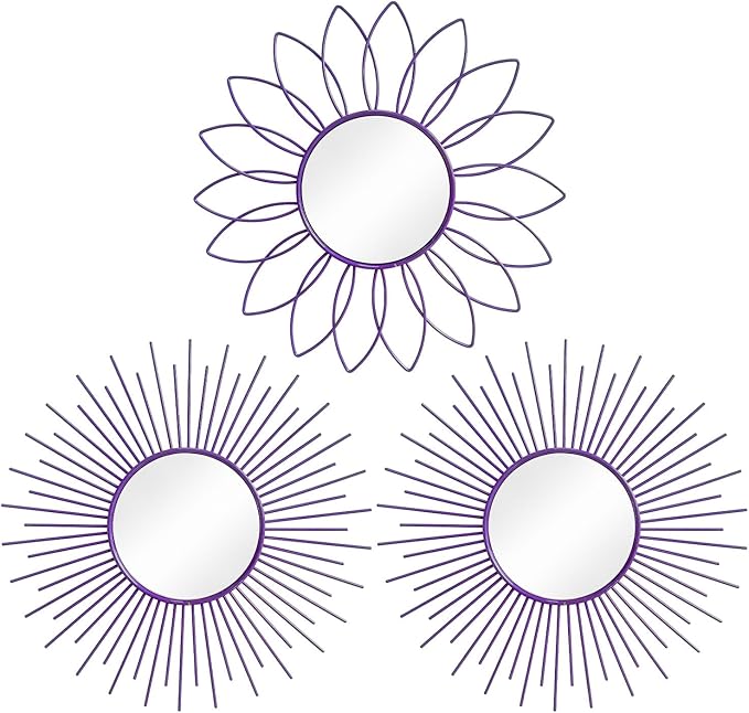 3 Pack Metal Mirrors for Wall Sunburst Wall Mirrors Home Décor Decorative Hanging Wall Art for Living Room Bedroom Entryway (Purple, Flower+Sunburst)