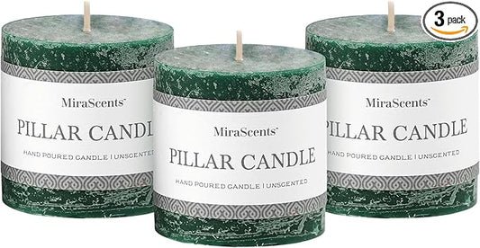 3x3 Inch Dark Green Pillar Candles Set of 3 - Hand-Poured Unscented Candles, Long Clean Burning, Dusty Sage Candle, Smokeless Dripless Candle for Dinner Table, Wedding, Home, Rustic Decor