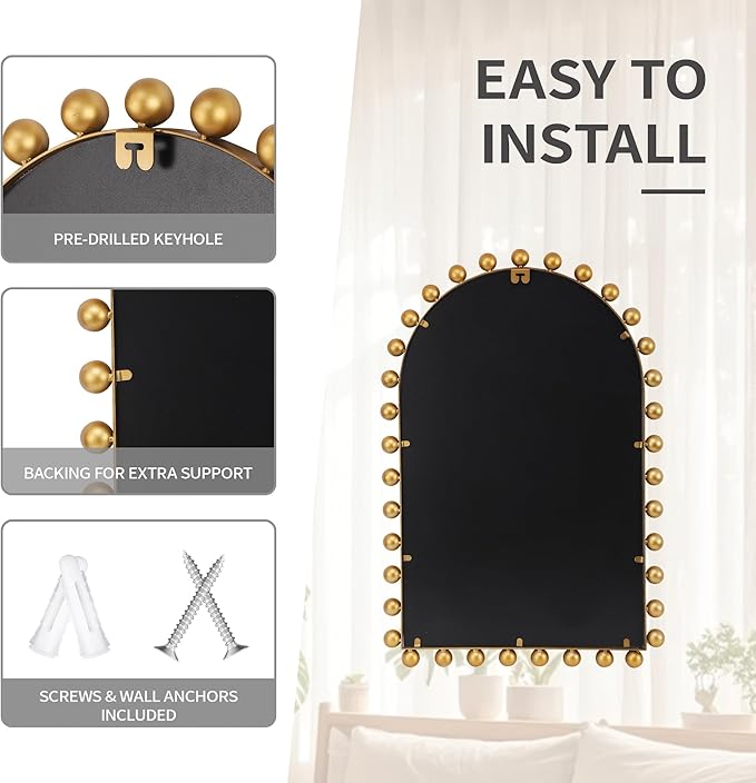 24x36 Inch Arched Wall Mirror with Antique Gold Ball Frame, Beveled Arched Decorative Wall Mirror, Vintage Gold Accent Mirror for Living Room, Entryway, Bedroom, Hallway & Over Console Decor