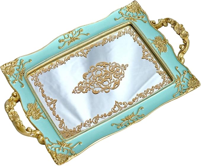 French Style Decorative Mirror Tray, Dresser Counter Coffee Table Jewelry Perfume Organizer for Makeup Jewelry (Green)