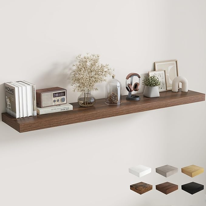 Fun Memories 72 Inch Floating Shelves, 12 Inch Deep Wall Shelf for Fireplace Mantel, Large Display Shelf & Storage Shelf, Wood Floating Wall Shelves for Home & Office, Walnut, Set of 1