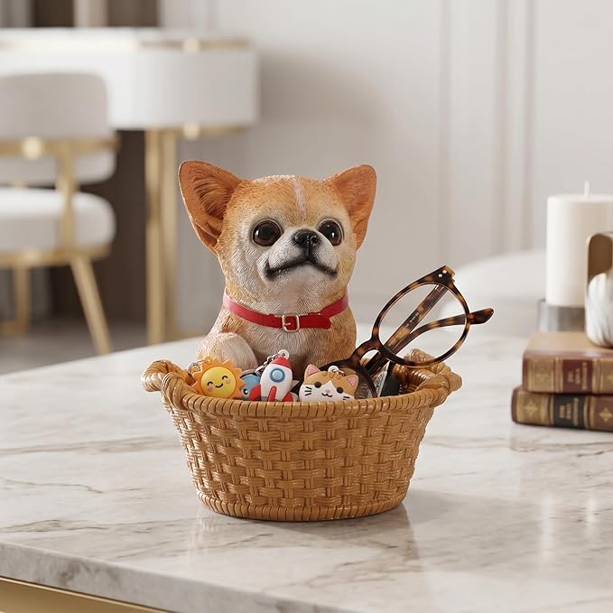 Dog Resin Storage Basket, Desktop Organizer for Remote & Keys, Cute Home Decor Tray, Ideal present for Pet Lovers.(Chihuahua Fawn)