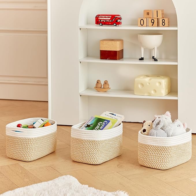 R RUNKA Small Cotton Rope Basket – Storage Bin for Organizing (10.6" x 6.7" x 6.7"), Bathroom Storage Basket for Shelf, Counter & Closet（White & Mixed Camel）