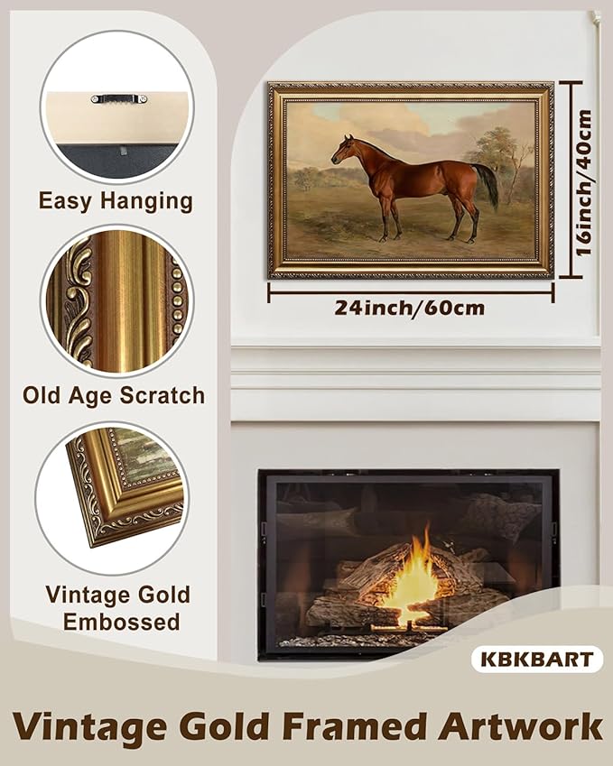 KBKBART Gold Framed Vintage Wall Art, Vintage Horse Painting Farmhouse Decor, Rustic Antique Equestrian Art Prints Wall Decor, Western Animal Picture Wall Hanging Decor for Living Room, Bathroom, Office, Bedroom(16"x24")