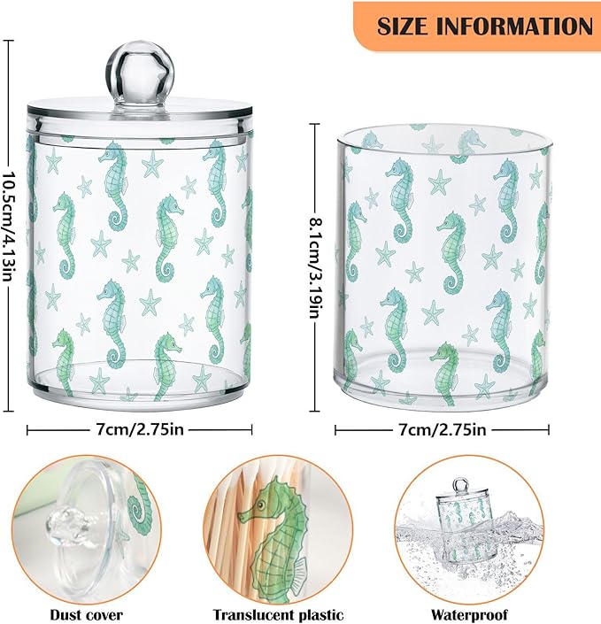 Green Seahorses Starfish Print Bathroom Containers Holder with Lids Set Clear Jars 2 Pack Plastic Makeup Storage Organizer 4.13 x 2.75In for Cotton Swabs Pads Hair Clips