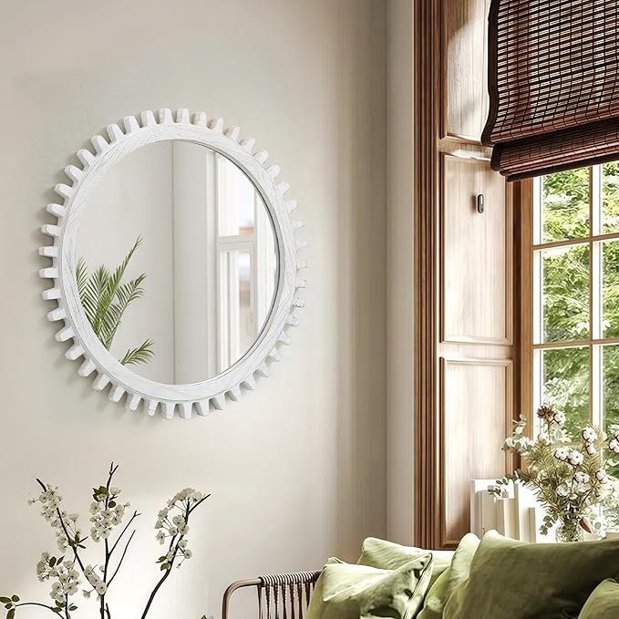 ULIKE Round Wood Mirror, 30 Inch Rustic Farmhouse Circle Mirror with Wooden Frame, Modern Wall Decor for Bathroom Nursery Bedroom Living Room Entryway, White