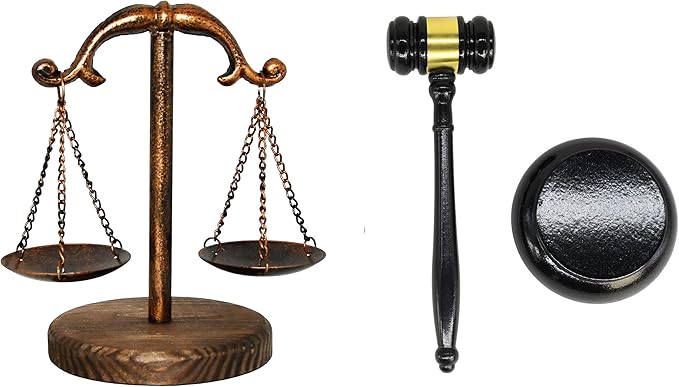 Owlgift Justice Balance Scale with Fixed Beam and Gavel Set – 8” Courtroom Decor with Wooden Base – Decorative Gift for Lawyers, Judges, Auctioneers & Students