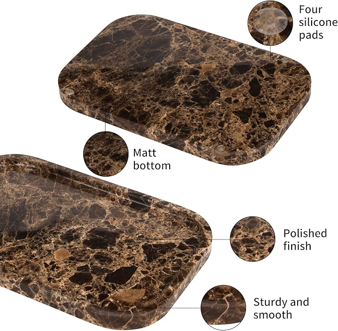 Marble Bathroom Vanity Tray, Natural Marble Home Kitchen Table Tray, Stone Decorative Countertop Serving Organizer for Dresser Coffee Perfume Jewelry Makeup (1, Dark Brown L, 12 * 8 * 0.8)