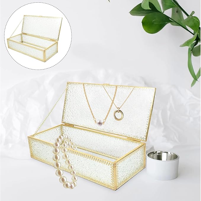 Rectangular Diamond Pattern Glass Jewelry Box with Frame Transparent Necklace Storage Holder Decorative Makeup Organizer for Anniversary Wedding and Valentine's Day