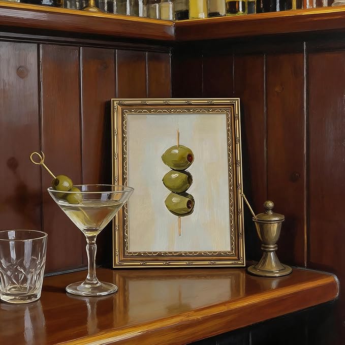 Gold Framed Wall Art Vintage Dirty Martini Olives Wall Art Retro Green Olives Cocktail Bar Cart Wall Decor Picture Summer Trendy Minimalist Kitchen Poster Print for Living Room Dining Room 12x16in