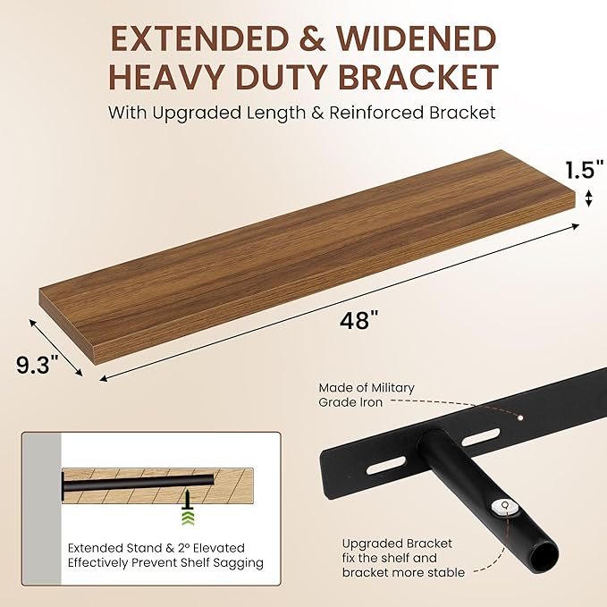 Dreamland 48 Inches Floating Shelves for Wall, 9.3" Deep Long Floating Shelves Set of 1, Large Display & Storage Shelf, Wall Shelf for Bathroom Bedroom Living Room Kitchen Office, Walnut