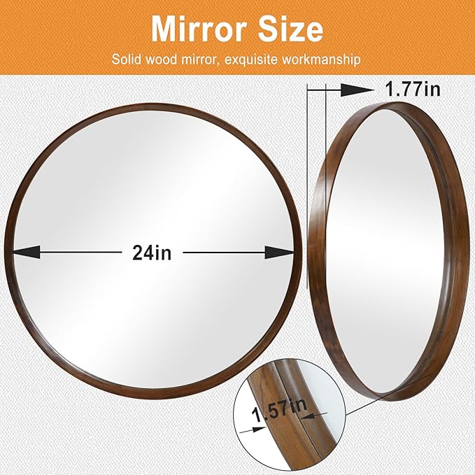 Brown Wood Round Mirror, 24 Inch - Perfect for Bathroom or Nursery Wall Decor