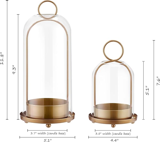 Hurricane Metal & Glass Candle Holder Gold Set of 2, Decorative Candlestick Pillar Candle Holder with Clear Glass for Wedding Party Christmas Holiday Dining Table Centerpiece Lanter