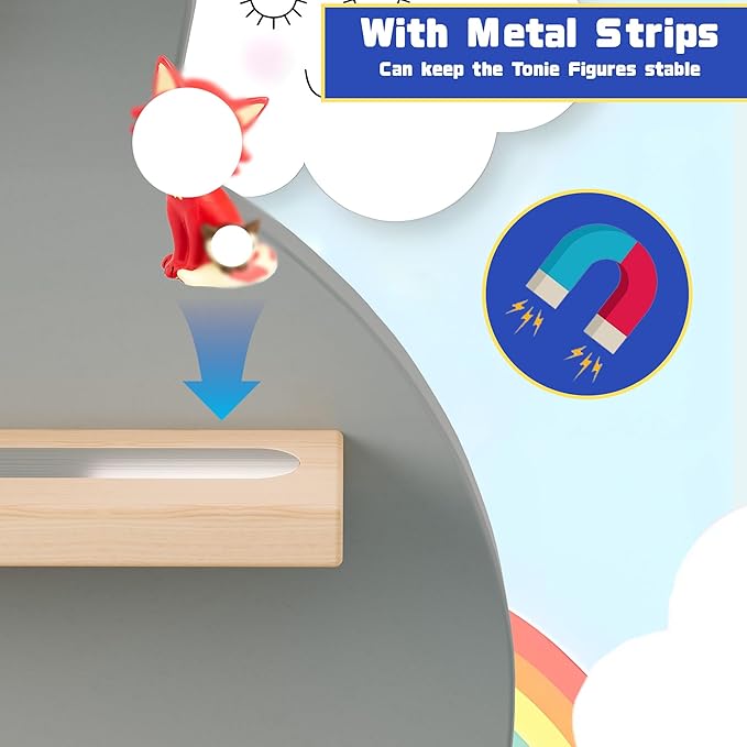 Cloud Tonies Shelf for Toniebox Storage - Unique Floating Magnetic Wall Shelves for 20-30 Tonie Figures, Beech Wood Display Tonie Shelf for Children Kids (Grey)