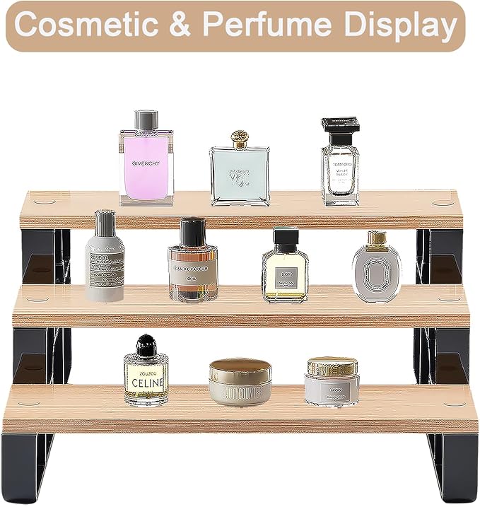 Cologne Organizer for Men,3 Tier Perfume Stand for Dresser,Makeup Organizer for Vanity,Display Riser Stand,Wooden Bathroom Countertop Stand for Bedroom,Dressing(Brown, 3 Tiers-Width=11.2")