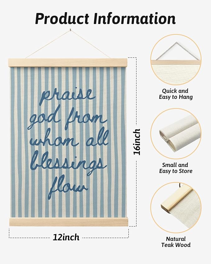 FGFK Trendy Blue Christian Wall Art Poster Hanger Frame, Trendy Striped Praise God From Whom All Blessing Flow Bible Verse Scripture Canvas Prints Framed Wall Decor for Room Home Dorm, 12x16 Inch