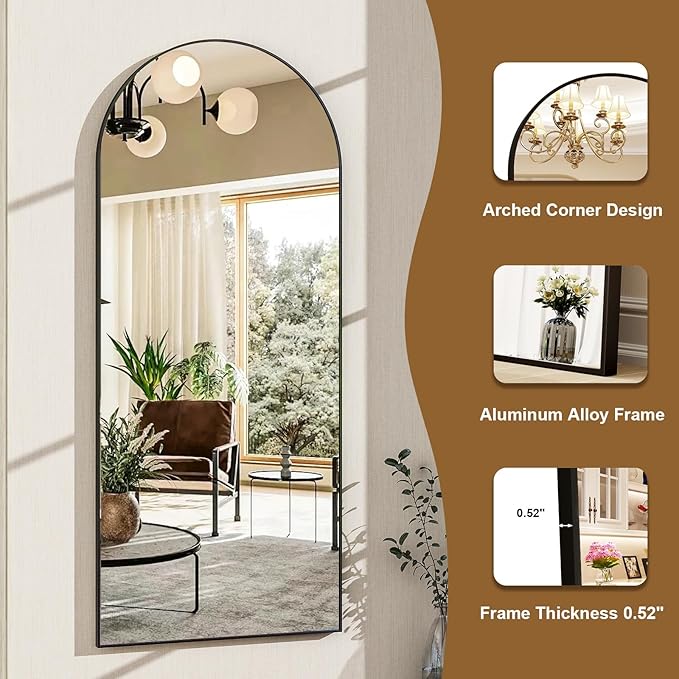 HARRITPURE 56"x21"Full Length Mirror Arch Floor Mirrors with Aluminum Alloy Frame Free-Standing Wall Mounted or Leaning Large Bedroom Dressing Mirror Modern & Contemporary Decor for Home,Black