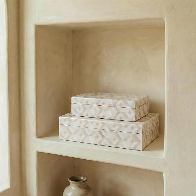 ZICOTO Decorative Storage Boxes with Lids - Set of 2 Beautiful Organizer Bins for Your Bookshelf Home Decor - Safely Store Photos, Documents and Memory Box Keepsakes on Your Shelves in Style
