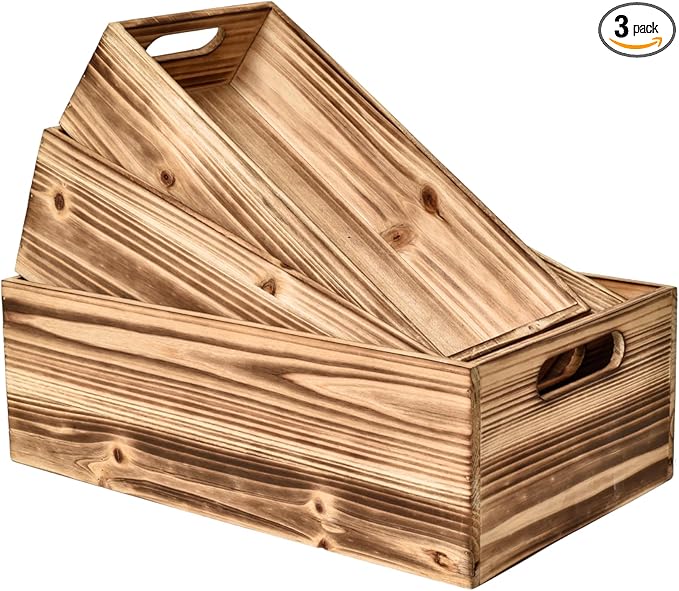 Set of 3 Wooden Boxes for Storage Small Crates for Display and Organizing, Farmhouse Style Storage Boxes for Crafts, Decor, Home Pantry and Living Room
