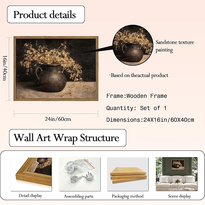 Framed Vintage Floral Wall Art, 3D Textured Sandstone Dark Still Life Flowers Wall Decor Paintings, Rustic Botanical Pictures Prints Aesthetic Home Decor for Living Room Bedroom 16x24 inch