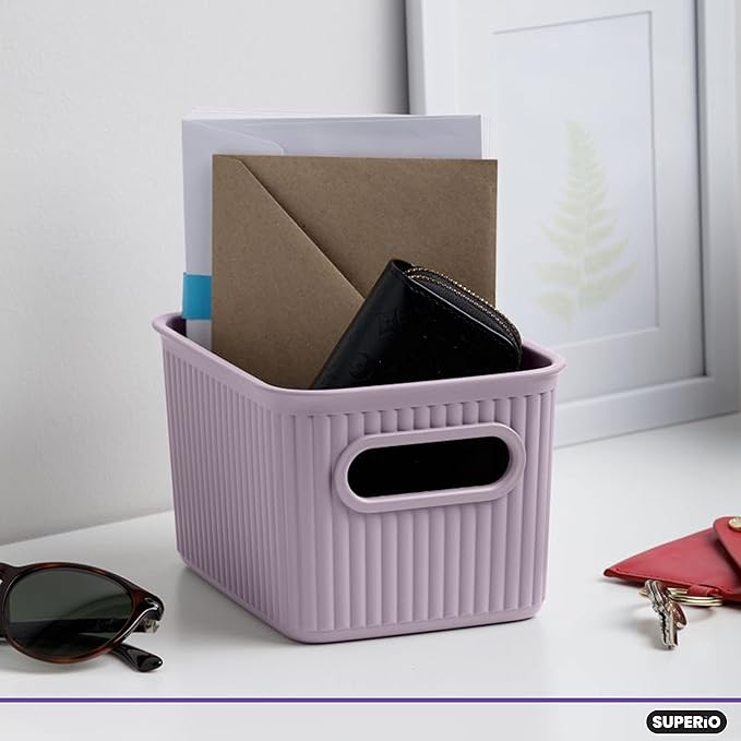Superio Ribbed Collection - Decorative Plastic Basket Open Home Storage Bins Organizer, Small Lilac Purple (2 Pack) Container Boxes for Organizing Closet Storage Bins for Shelves 1.5 Liter