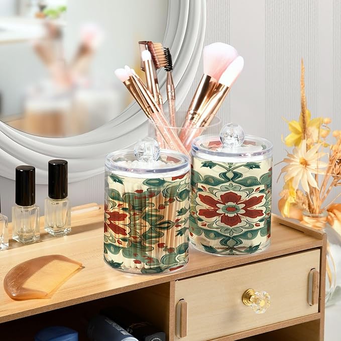 Nander 4Pack Beautiful Colored Mandala Qtip Holder Dispenser -Clear Plastic Apothecary Jars Set - Restroom Bathroom Makeup Organizers Containers for Cotton Swab, Ball, Pads, Floss