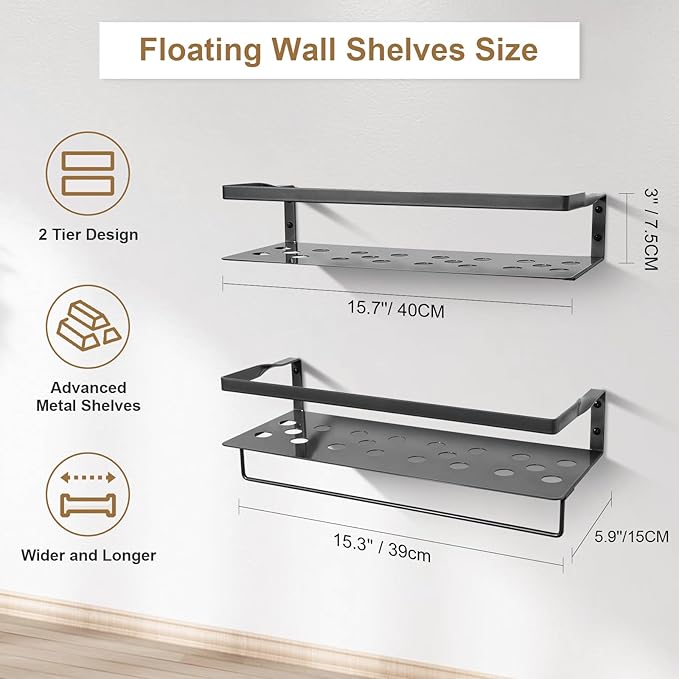 Uten Floating Shelves, Wall Mounted Iron Shelves Set of 2, Bathroom Storage Iron Shelves with Towel Rack, Wall Hanging Organizer Decor Shelf for Bathroom, Kitchen, Bedroom, Living Room