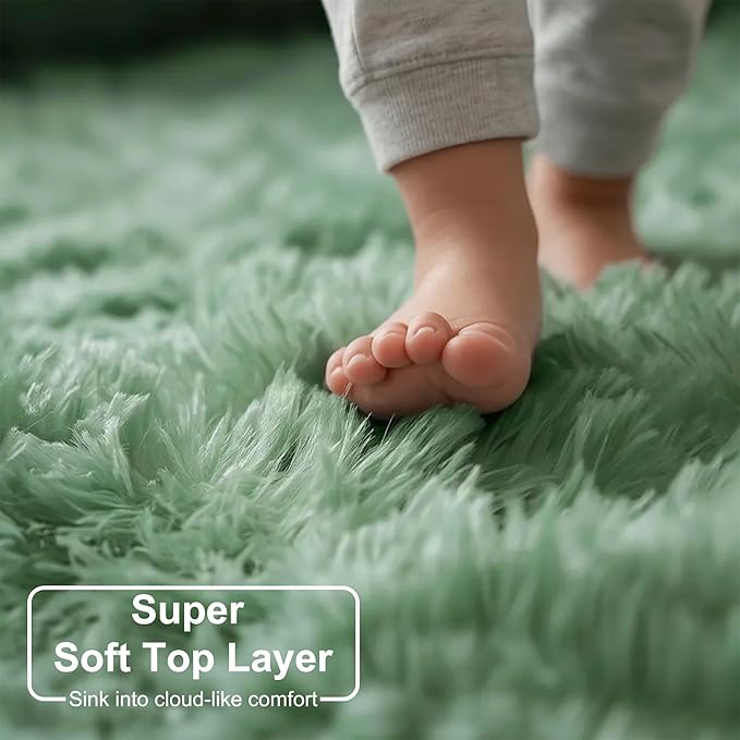 Amdrebio Sage Green Area Rugs for Living Room Bedroom Aesthetic, Fluffy Furry Rug 6x9 for Nursery, Teen Boys, Baby Kids Room Decor, Cute Shaggy Carpet for Playroom Dorm, Fuzzy Plush Light Mint Rug