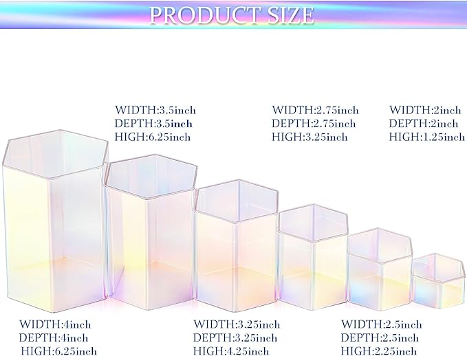Jetec 12 Pcs Acrylic Display Risers Hexagonal Jewelry Display Stands Perfume Jewelry Showcase Acrylic Jewelry Display Organizer for Collectible Figures Jewelry Display, 6 Sizes (Rainbow Color)