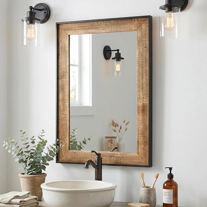 Rustic Solid Wood Wall Mirror 36x24 Inch, Vintage Wood Framed Wall Mirror for Bathroom Over Sink, Living Room, Hallway & Entryway, Farmhouse Style Decorative Mirror
