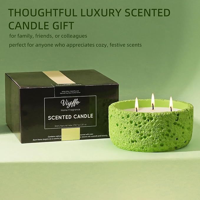Viyffo 20oz Large Scented Candle - Sage & Bergamot, 3 Wick Home Scented Candle, Non Toxic Soy Candle for Women and Men, Lemon Green Textured Ceramic Jar, Luxury Fragrance, Modern Home Décor & Gift