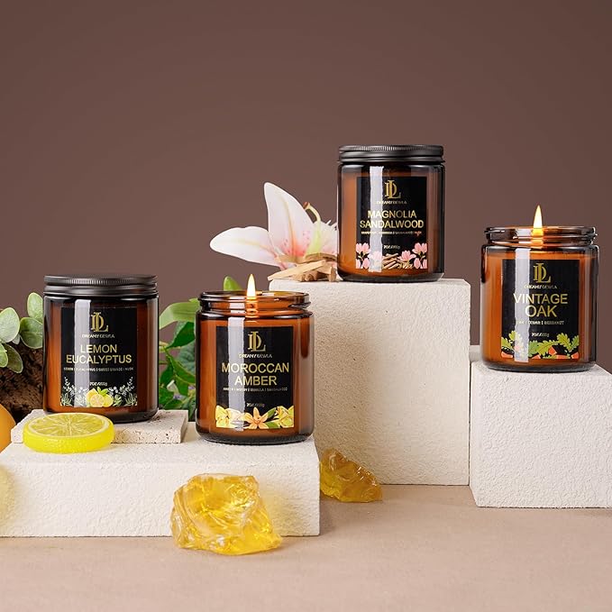 Magnolia & Sandalwood Scented Candles, Soy Candle for Home Scented, Amber Jar Candles Gifts for Men Women, 7oz