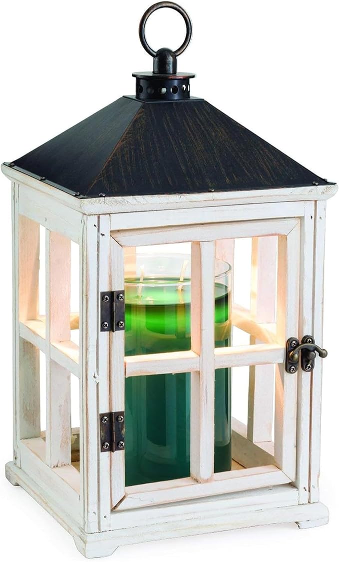 Candle Warmers Etc. White Wooden Farmhouse Lantern – for Top-Down Warming & Flame-Free Fragrance