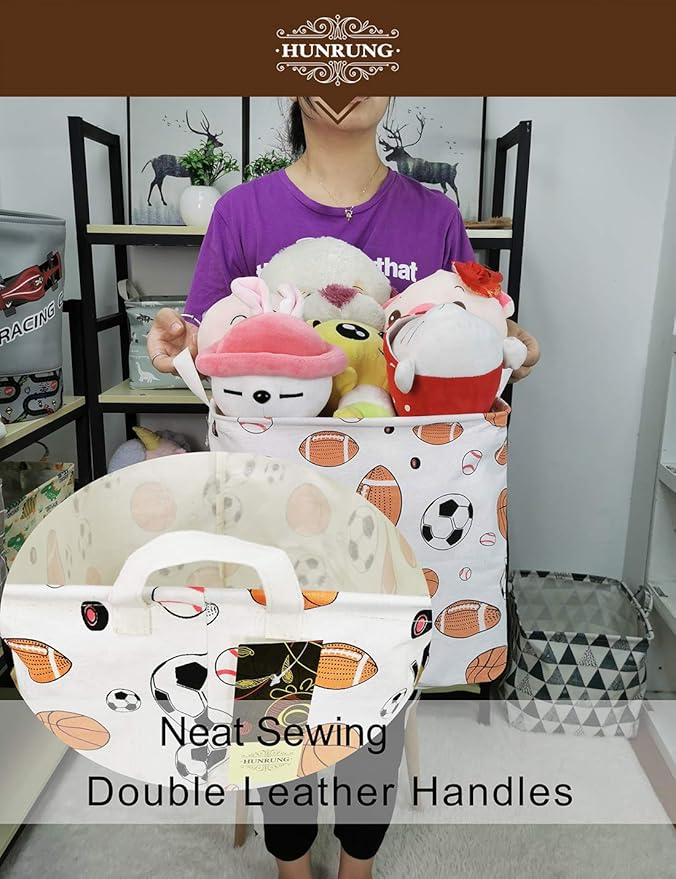 HUNRUNG Square Storage Bins Nursery Hamper Canvas Laundry Basket Foldable with Waterproof Nursery Boxes for Shelves/Gift Baskets/Toy Organizer/Office, Bedroom (Square-ball game)